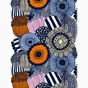 Siirtolapuutarha - Puuvillakangas 49€/m musta, vaal.pun, vaal.sin, oranssi